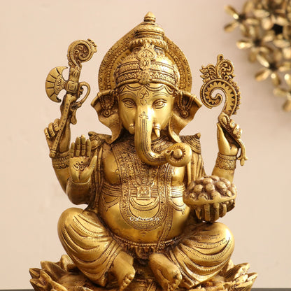 Brass Lord Ganesha Statue Sited On Lotus Base