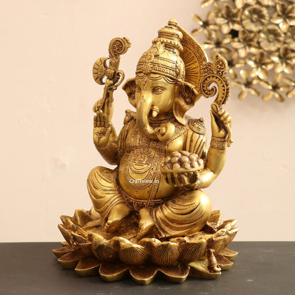 Brass Lord Ganesha Statue Sited On Lotus Base