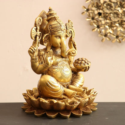 Brass Lord Ganesha Statue Sited On Lotus Base