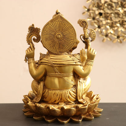 Brass Lord Ganesha Statue Sited On Lotus Base