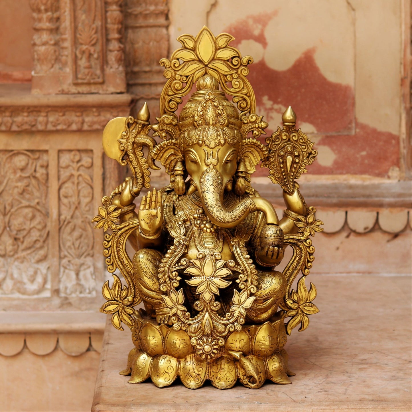 24" Brass Ganesha Statue Sited On Lotus Base