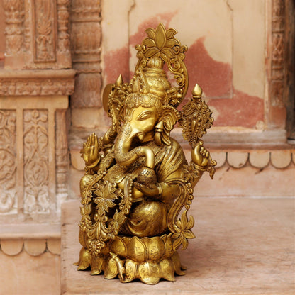 24" Brass Ganesha Statue Sited On Lotus Base