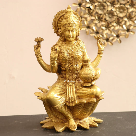 Brass Lakshmi statue sited on Lotus 12"