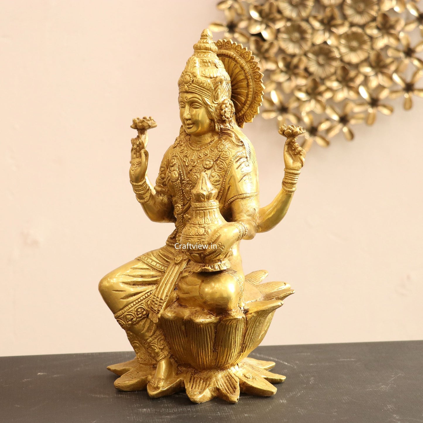 Brass Lakshmi statue sited on Lotus 12"