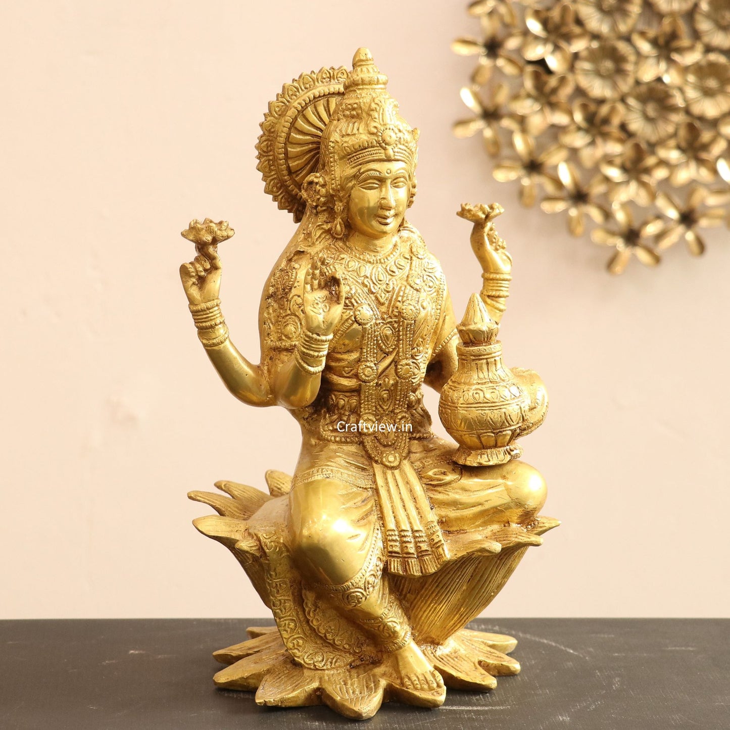 Brass Lakshmi statue sited on Lotus 12"