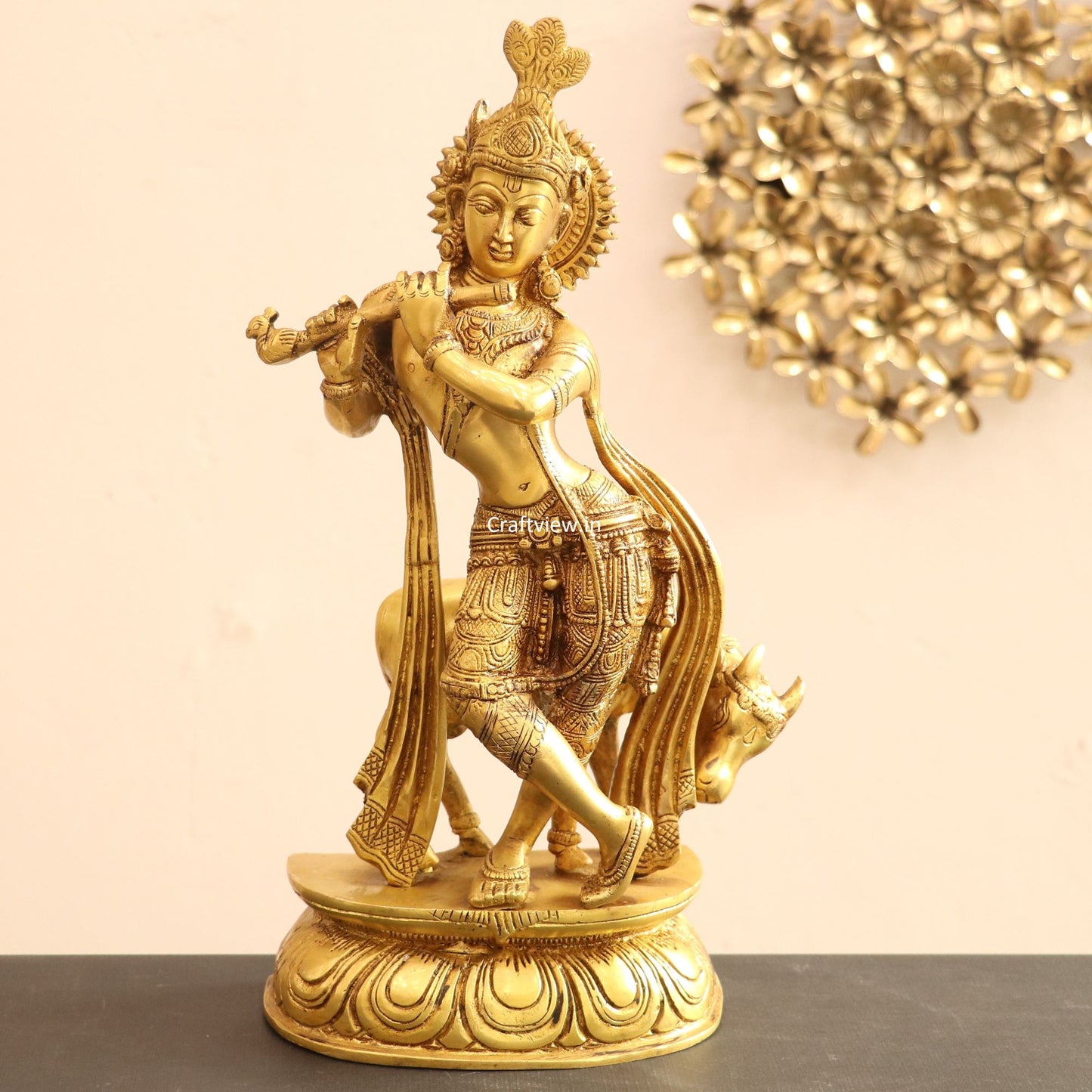 Brass Cow Krishna Idol 14"