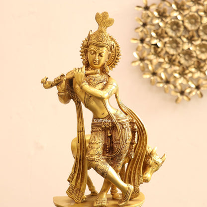 Brass Cow Krishna Idol 14"