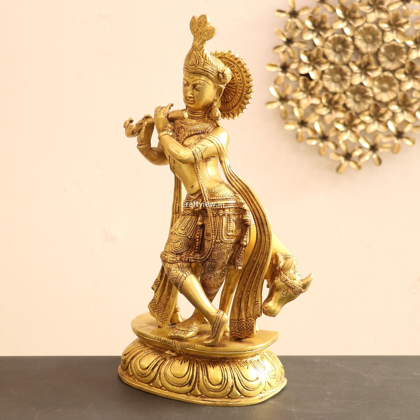 Brass Cow Krishna Idol 14"