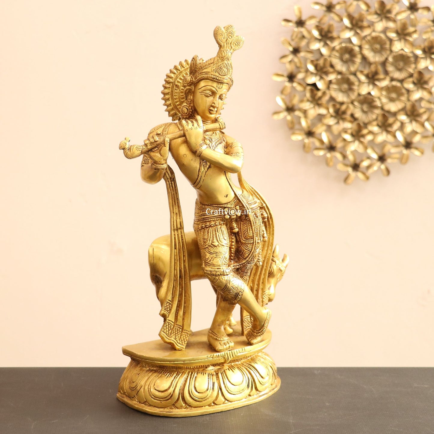 Brass Cow Krishna Idol 14"