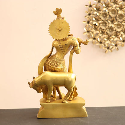 Brass Cow Krishna Idol 14"