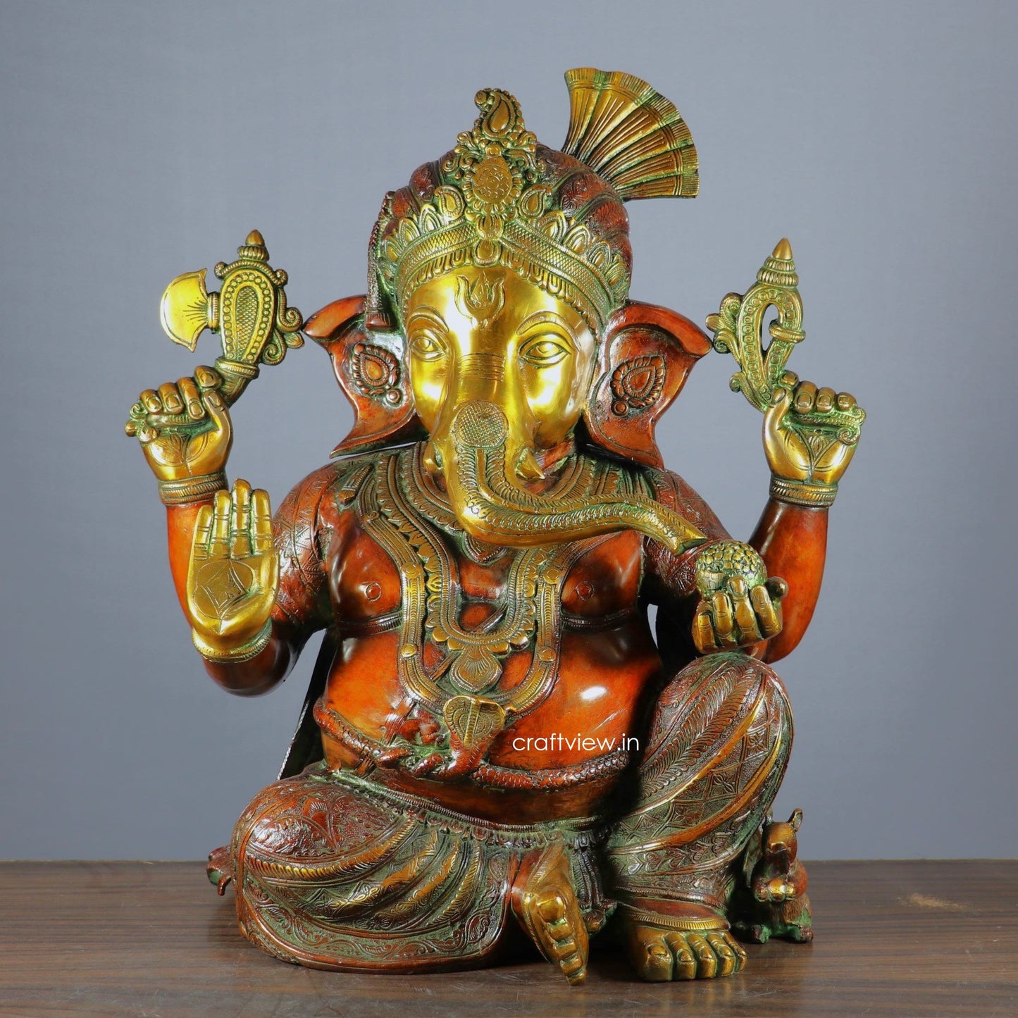 Brass Pagadi Ganesh Statue Sitting on Lalitsana. Copper Brown