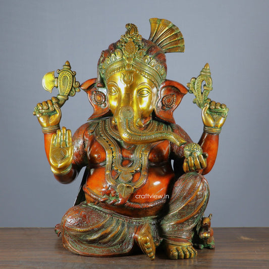 Brass Pagadi Ganesh Statue Sitting on Lalitsana. Copper Brown