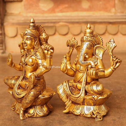 Brass Ganesha Lakshmi Statue Fine Quality 8"