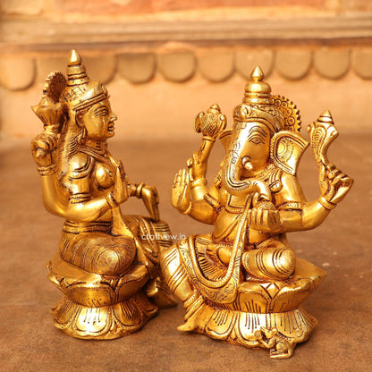 Brass Ganesha Lakshmi Statue Fine Quality 8"