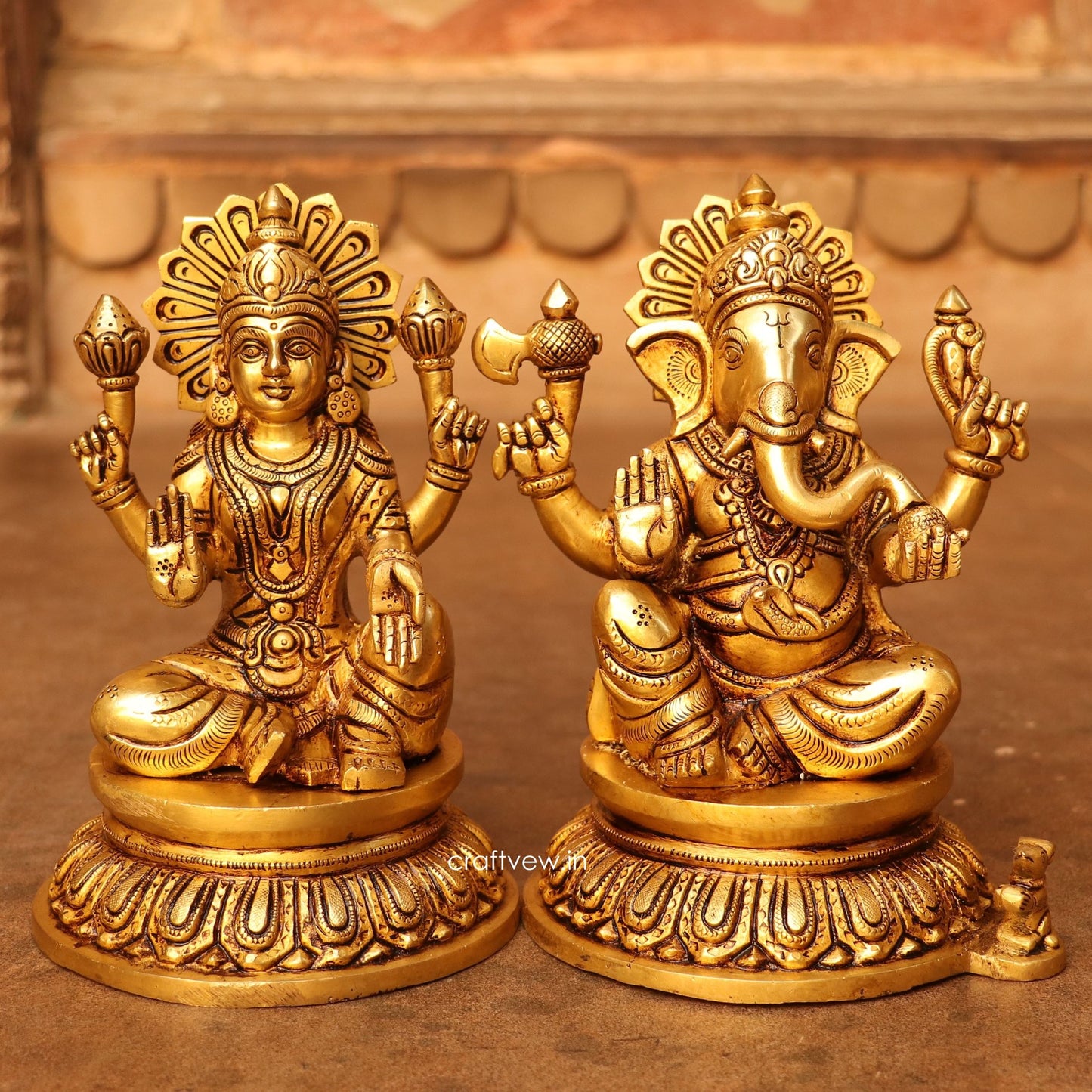 8" Brass Superfine Exquisite Ganesha Lakshmi Idols pair