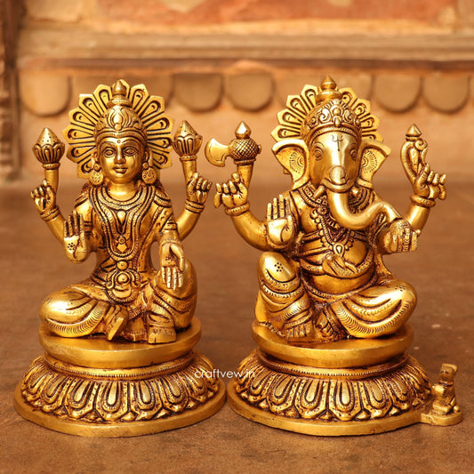 8" Brass Superfine Exquisite Ganesha Lakshmi Idols pair Craftsview