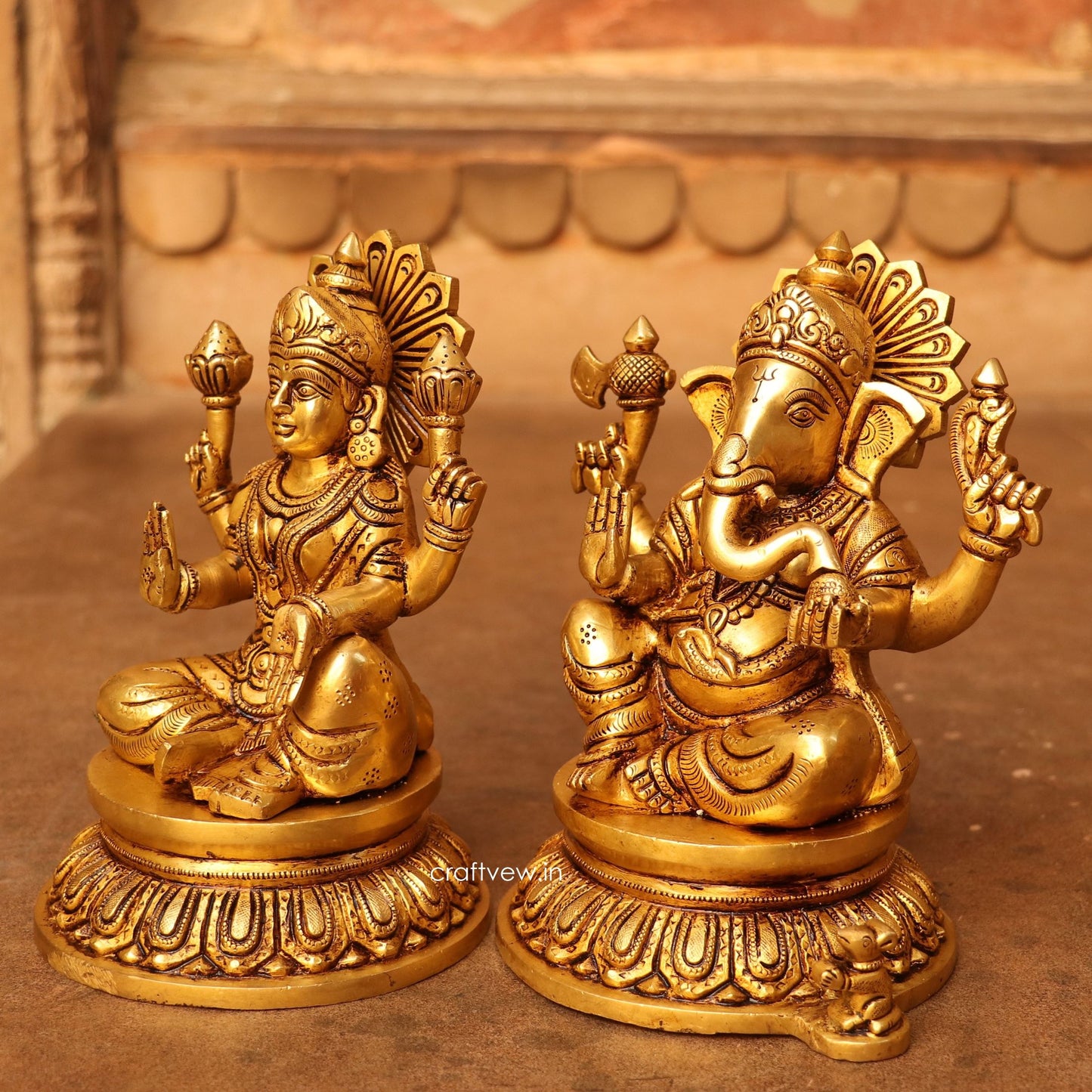 8" Brass Superfine Exquisite Ganesha Lakshmi Idols pair