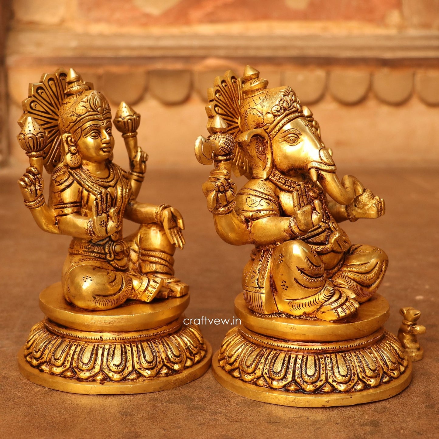 8" Brass Superfine Exquisite Ganesha Lakshmi Idols pair