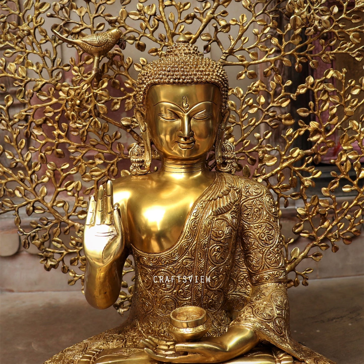 Brass Buddha With Bodhi Tree Background 30"