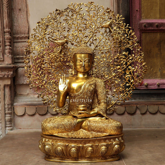 Brass Buddha With Bodhi Tree Background 30"