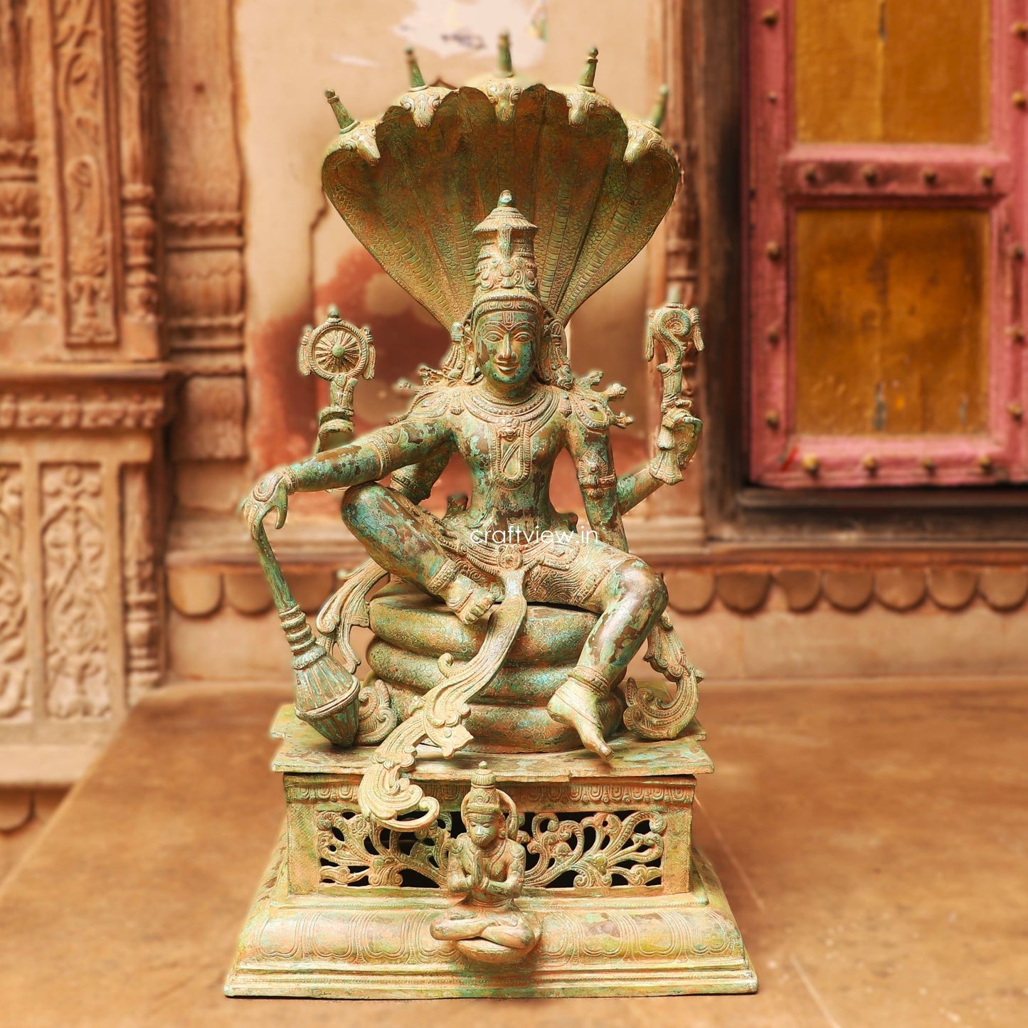 Brass Vintage Lord Vishnu Sculpture with Shesh Naag 28"