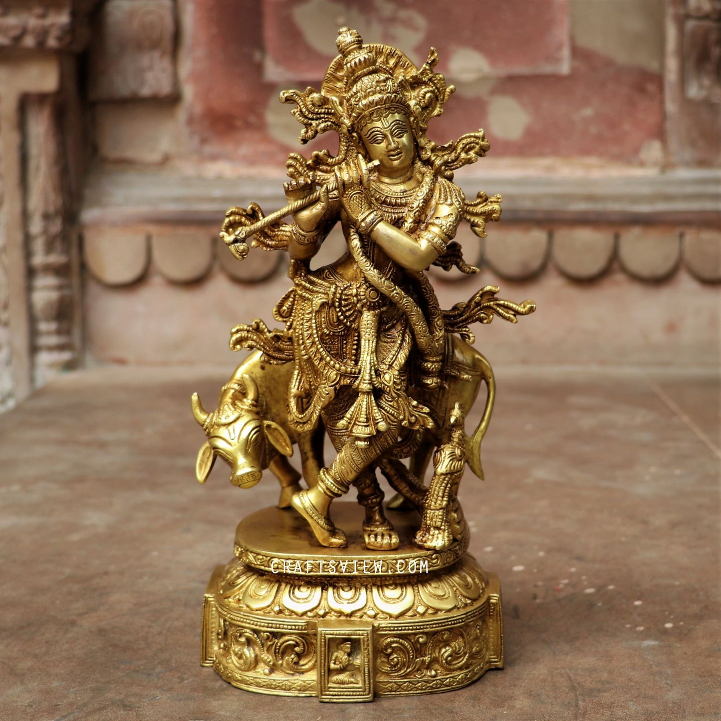 Brass Krishna Statue With cow