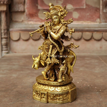 Brass Krishna Statue With cow