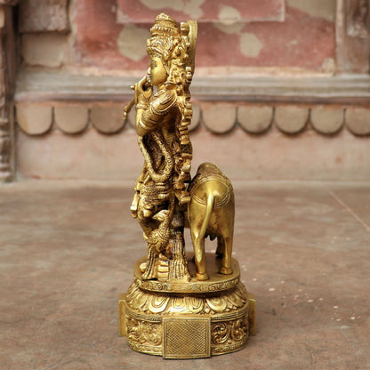 Brass Krishna Statue With cow