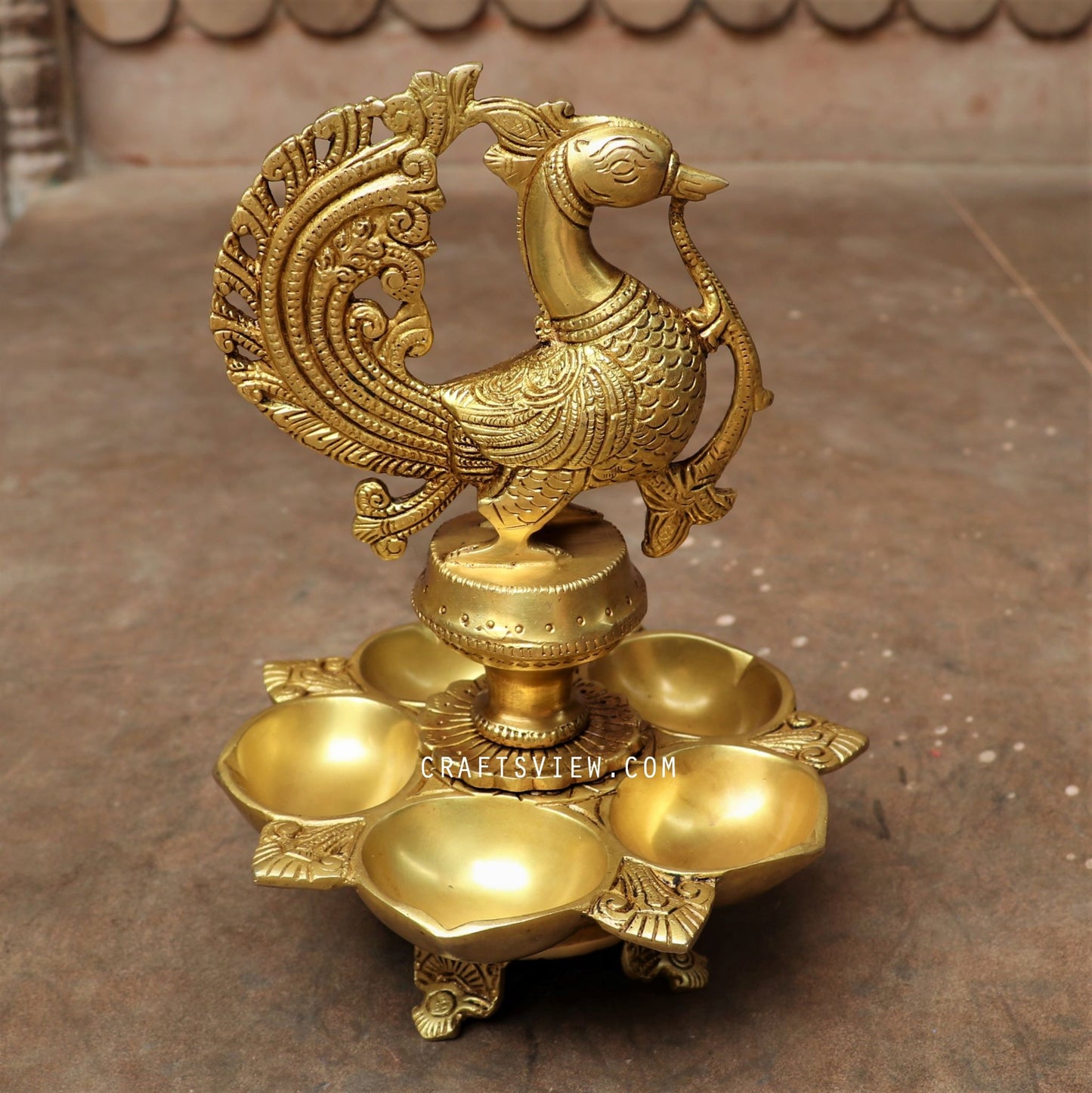 Brass Oil Lamp Decor Beautiful Peacock Lamp 5 wick 11"