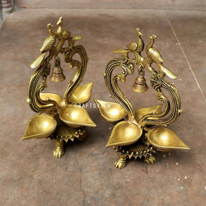 Brass Oil Lamp Peacock And Hanging Bells. 12"