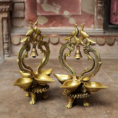 Brass Oil Lamp Peacock And Hanging Bells. 12"