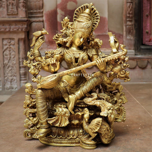 Brass Saraswati Chola Statue Fine Carving 16"