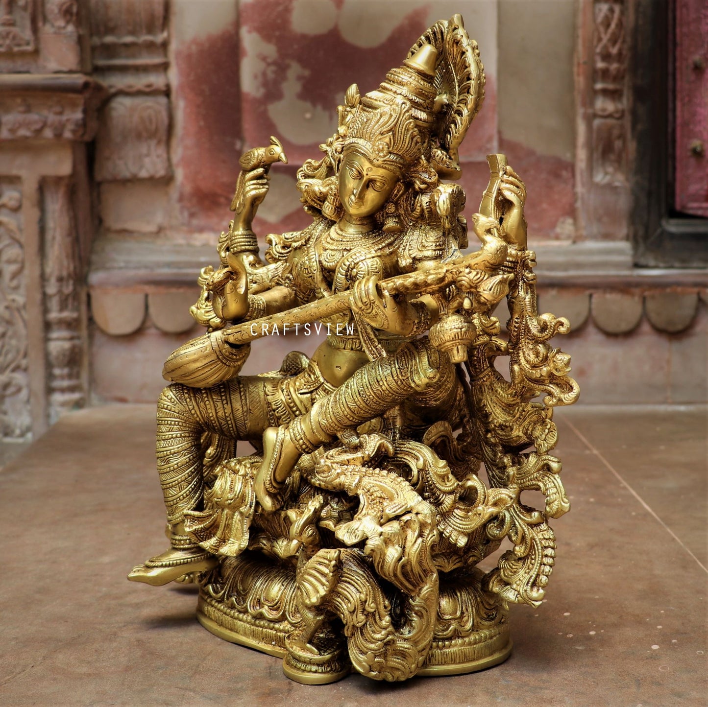 Brass Saraswati Chola Statue Fine Carving 16"