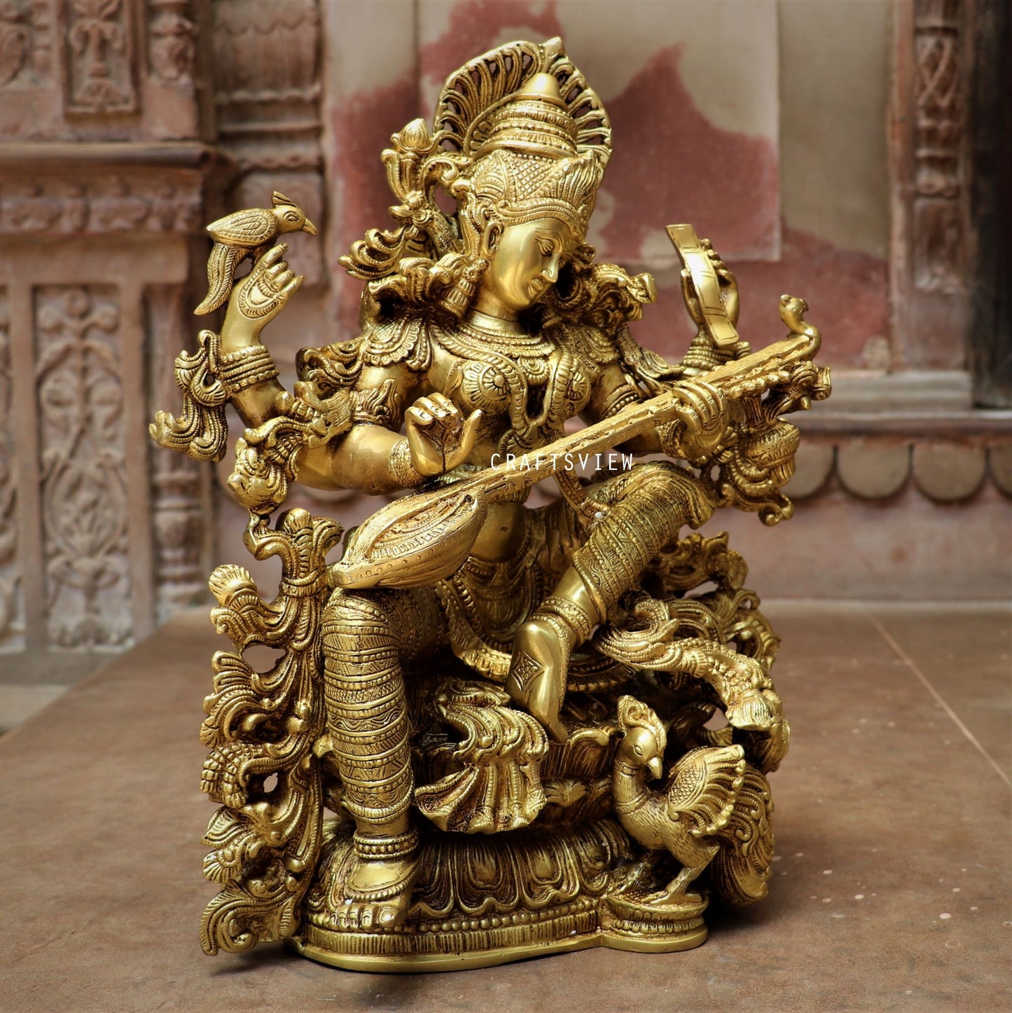 Brass Saraswati Chola Statue Fine Carving 16"