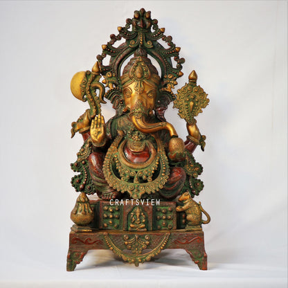 Brass Ganesh Statue Sitting On Sinhansan 27"