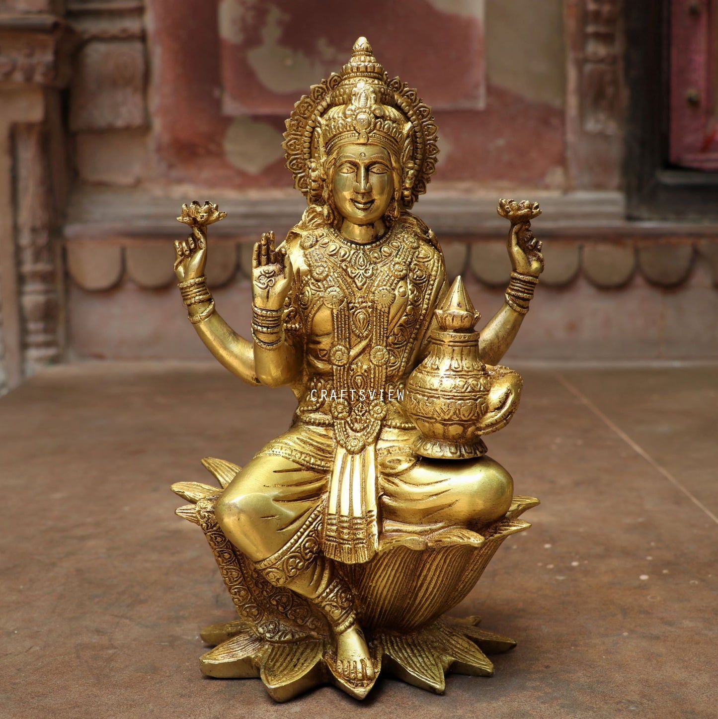 Brass Lakshmi statue sited on Lotus 12"