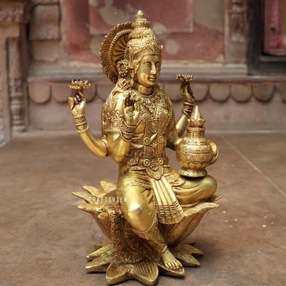 Brass Lakshmi statue sited on Lotus 12"