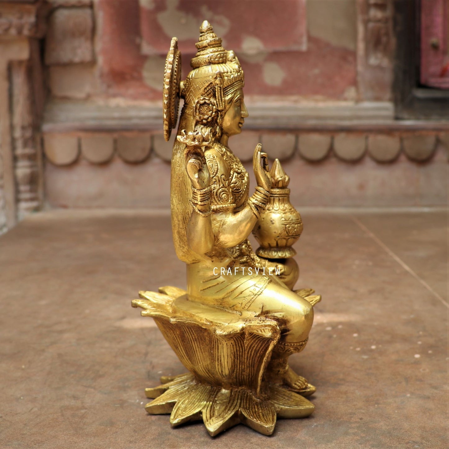 Brass Lakshmi statue sited on Lotus 12"