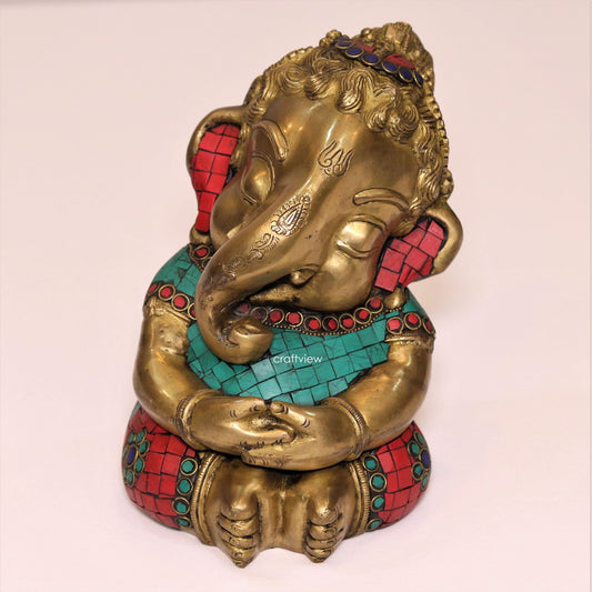 8.5" Brass Baby Ganesh Statue with Stone Work