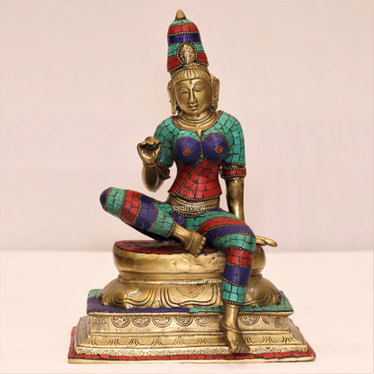 Brass Sitting Parvati Statue with Stone Work 14"