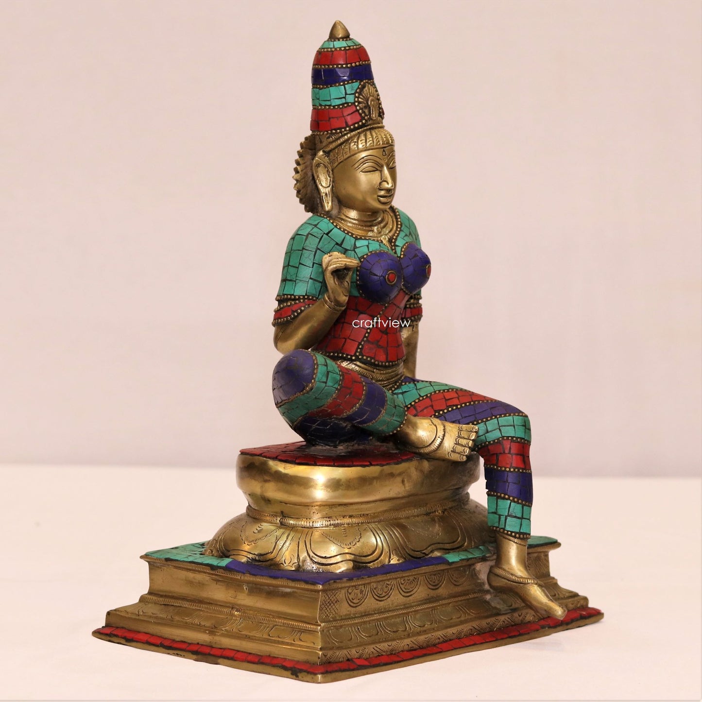 Brass Sitting Parvati Statue with Stone Work 14"