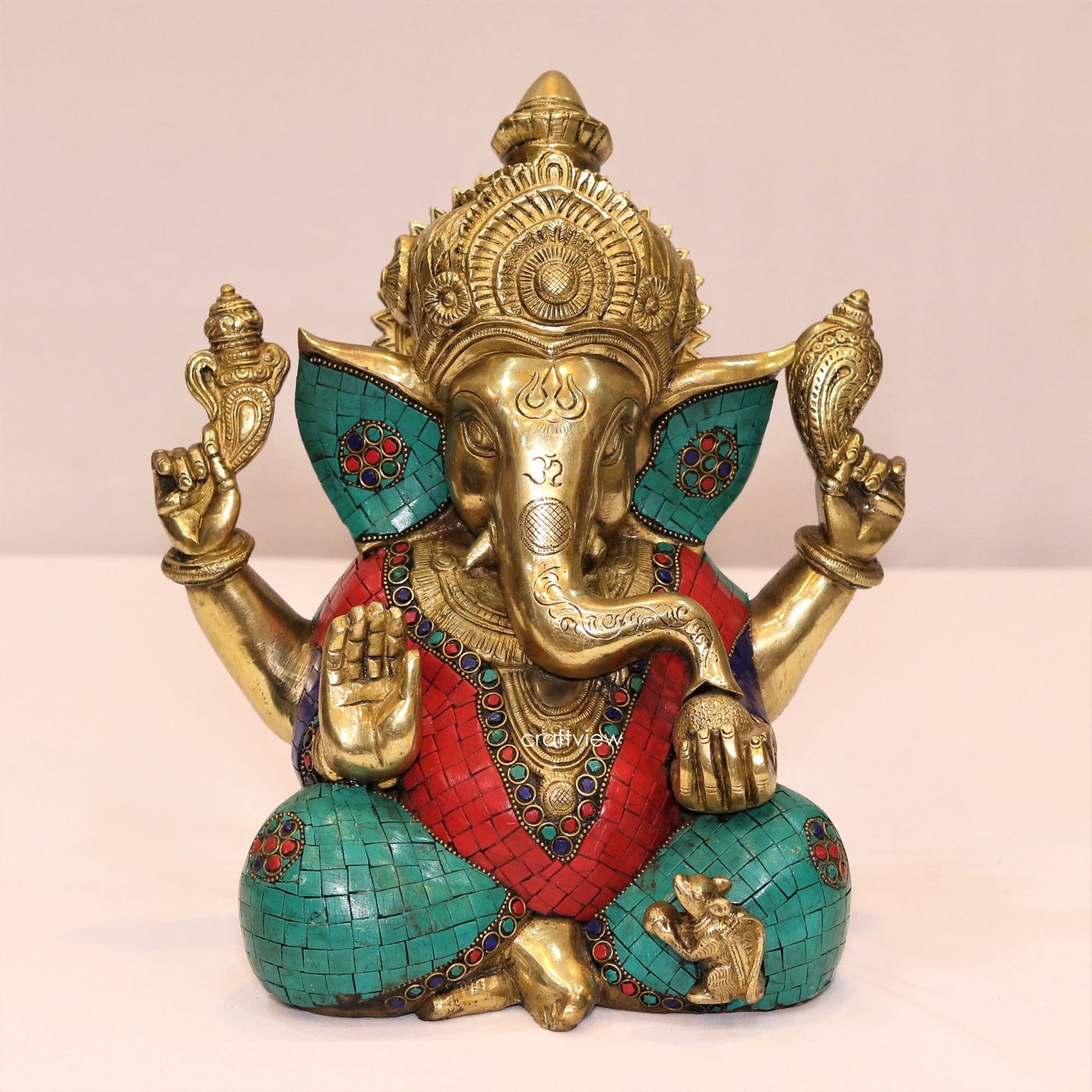 12" Brass Lord Ganesh Statue with Stone Work