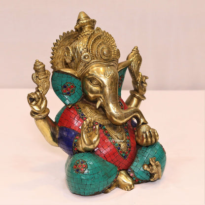 12" Brass Lord Ganesh Statue with Stone Work