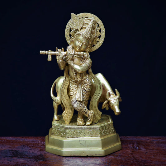 Lord Krishna With Cow standing on base 10"