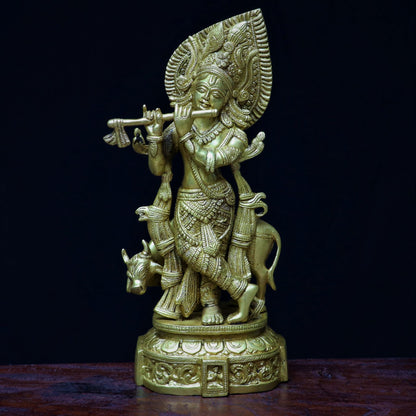 Lord Krishna With Cow standing on base 14"