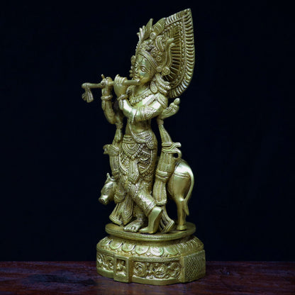 Lord Krishna With Cow standing on base 14"