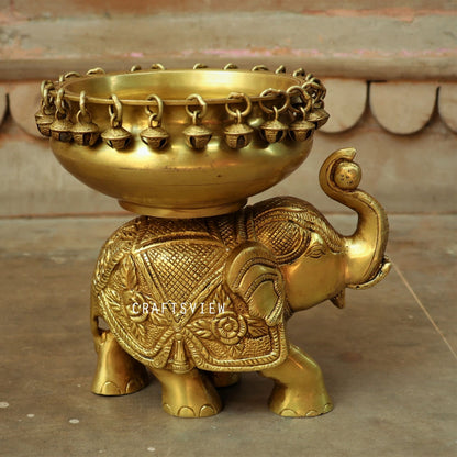 Brass Urli Decor with Elephant 2 peace Set Urli 8"