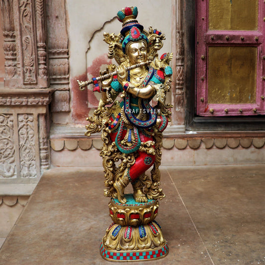 Brass Krishna Statue Stone Work