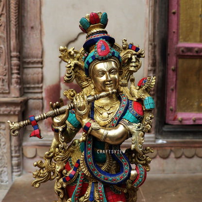 Brass Krishna Statue Stone Work