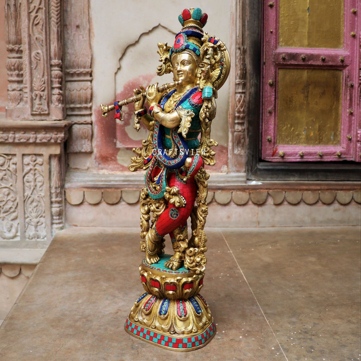 Brass Krishna Statue Stone Work